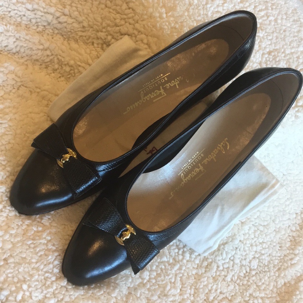 Salvatore Ferragamo black bow tie block heel